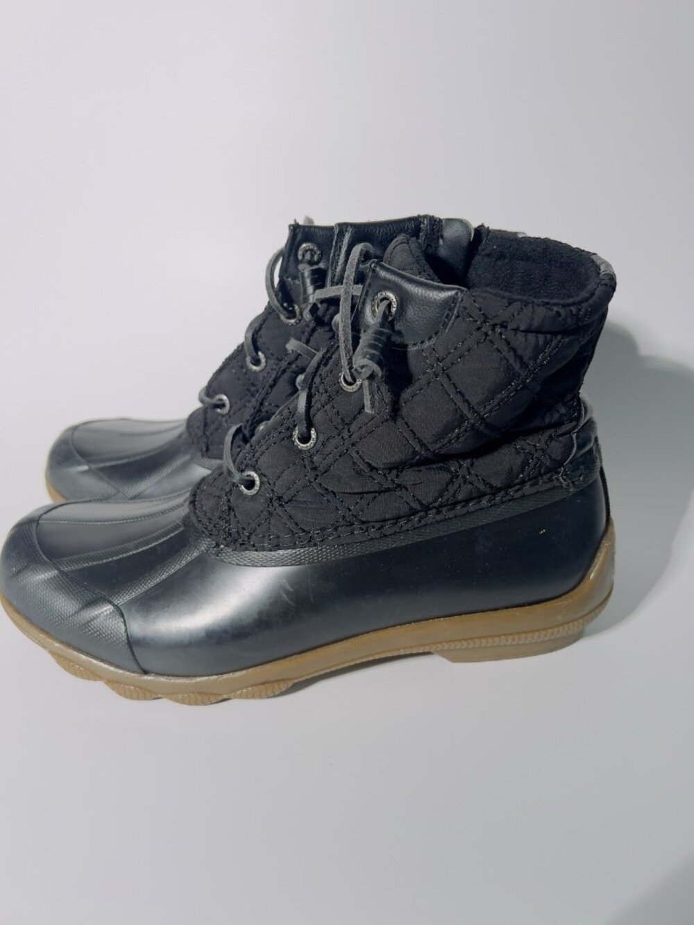 Womens 7 M Sperry Saltwater Quilted Duck Boots Black Waterproof Lace-Up Side Zip - Picture 14 of 15